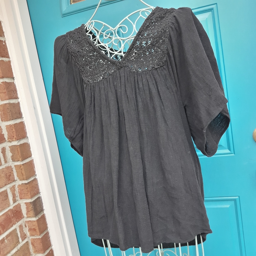 Boho Top Crochet All Cotton Loose Fit Mesh Short Sleeve VNeck Embroidered SM - Picture 4 of 12